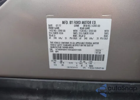 2017 Ford Explorer Platinum из США, поврежденный, VIN 1FM5K8HT1HGD51155